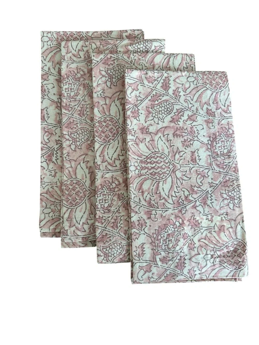 New Pottery Barn Floral Block Print 100% Cotton Napkins ~ Set of 4 ~Cream Pink